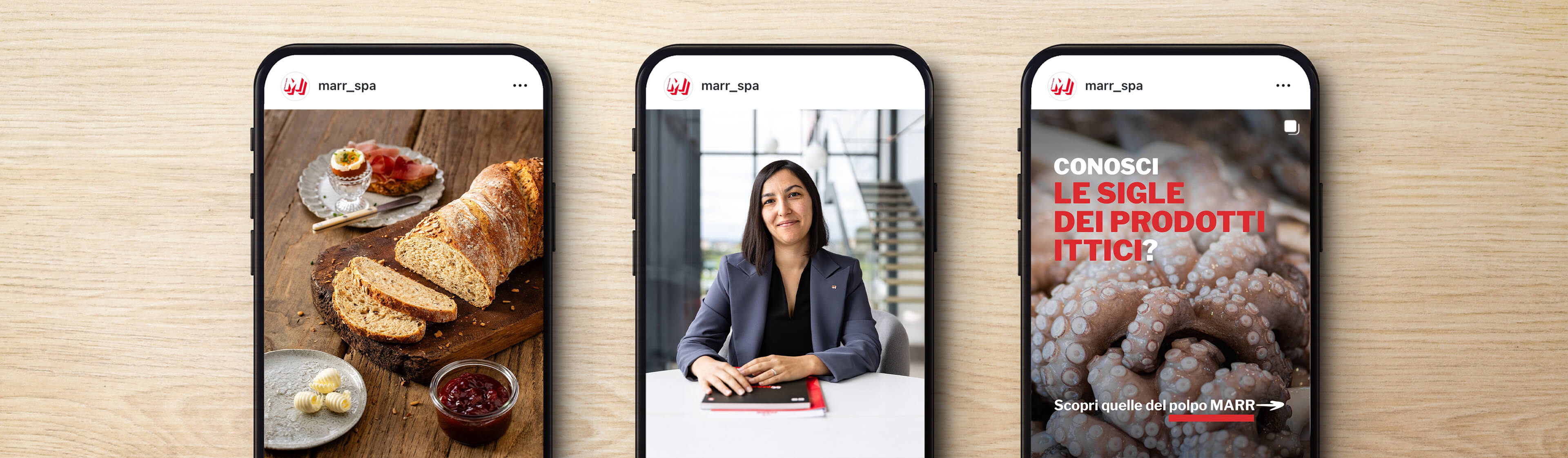 Tre smartphone con contenuti social MARR